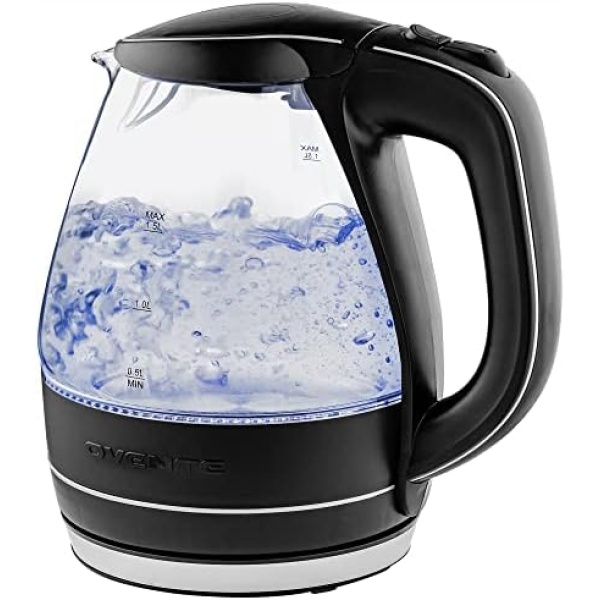 OVENTE Glass Electric Kettle Hot Water Boiler 1.5 Liter Borosilicate Glass Fast