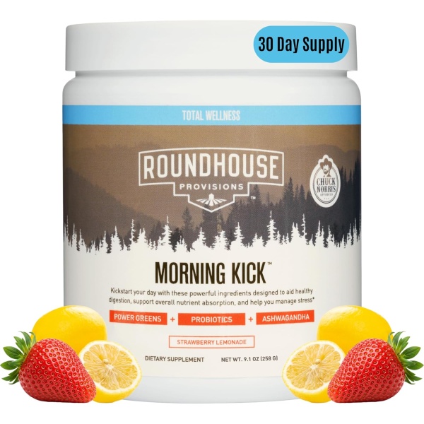 ROUNDHOUSE PROVISION Morning Kick Zero Sugar Greens Powder – Strawberry Lemonade, 30 Servings